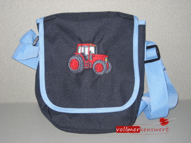 Schultertasche mit Traktor 06 bestickt -mit Wunschname möglich (personalisiert) - Taschenfarbe: blau -sofort lieferbar-